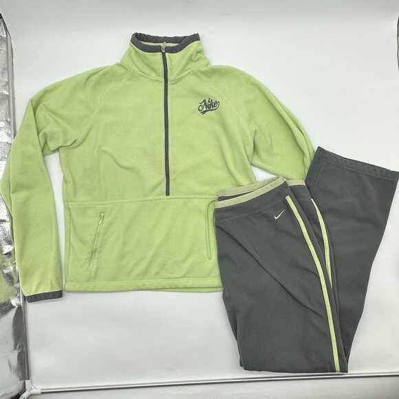 Vintage Y2K Nike Size XL Lime Green & Gray Fleece Half Zip Track Pants Sweat Set - Picture 1 of 16